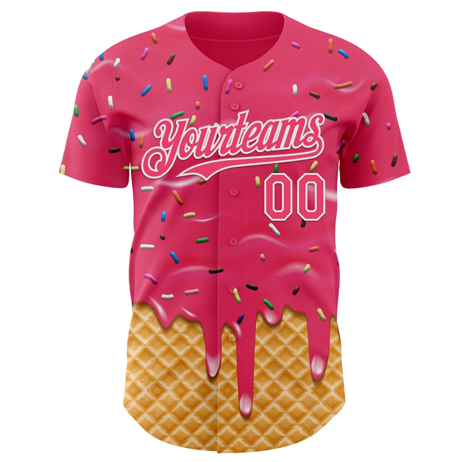 Custom Neon Pink-White Ice Cream Waffle Foodie Dessert Authentic Baseball Jersey view 2
