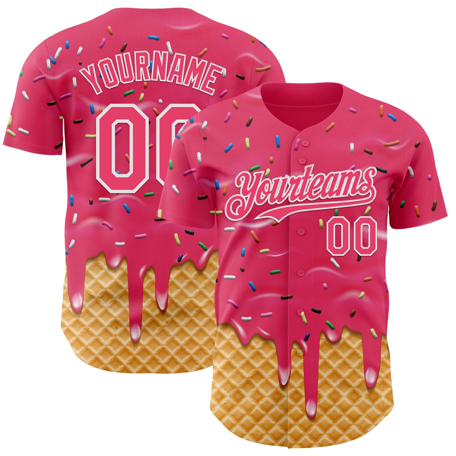Custom Neon Pink-White Ice Cream Waffle Foodie Dessert Authentic Baseball Jersey - Main View