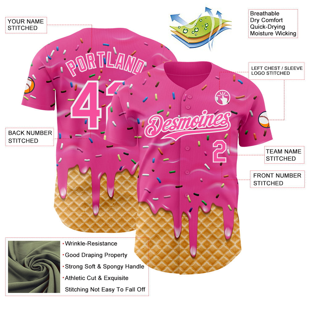 Custom Pink-White Ice Cream Waffle Foodie Dessert Authentic Baseball Jersey view 3