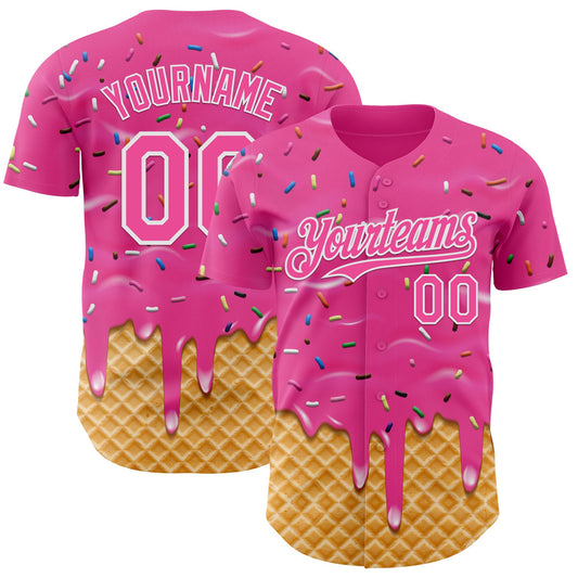 Custom Pink-White Ice Cream Waffle Foodie Dessert Authentic Baseball Jersey - Main View