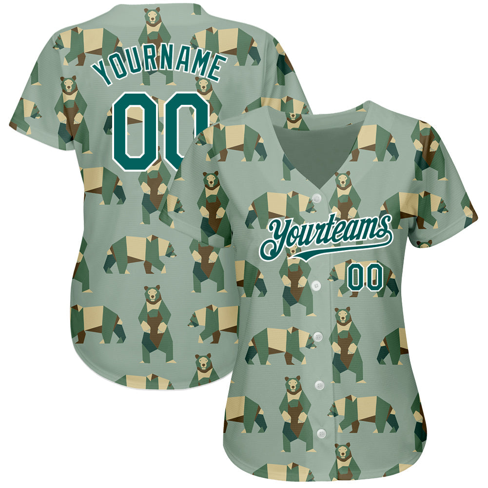 Custom Green Grass Green-White 3D Pattern Design Bear Authentic Baseball Jersey view 2