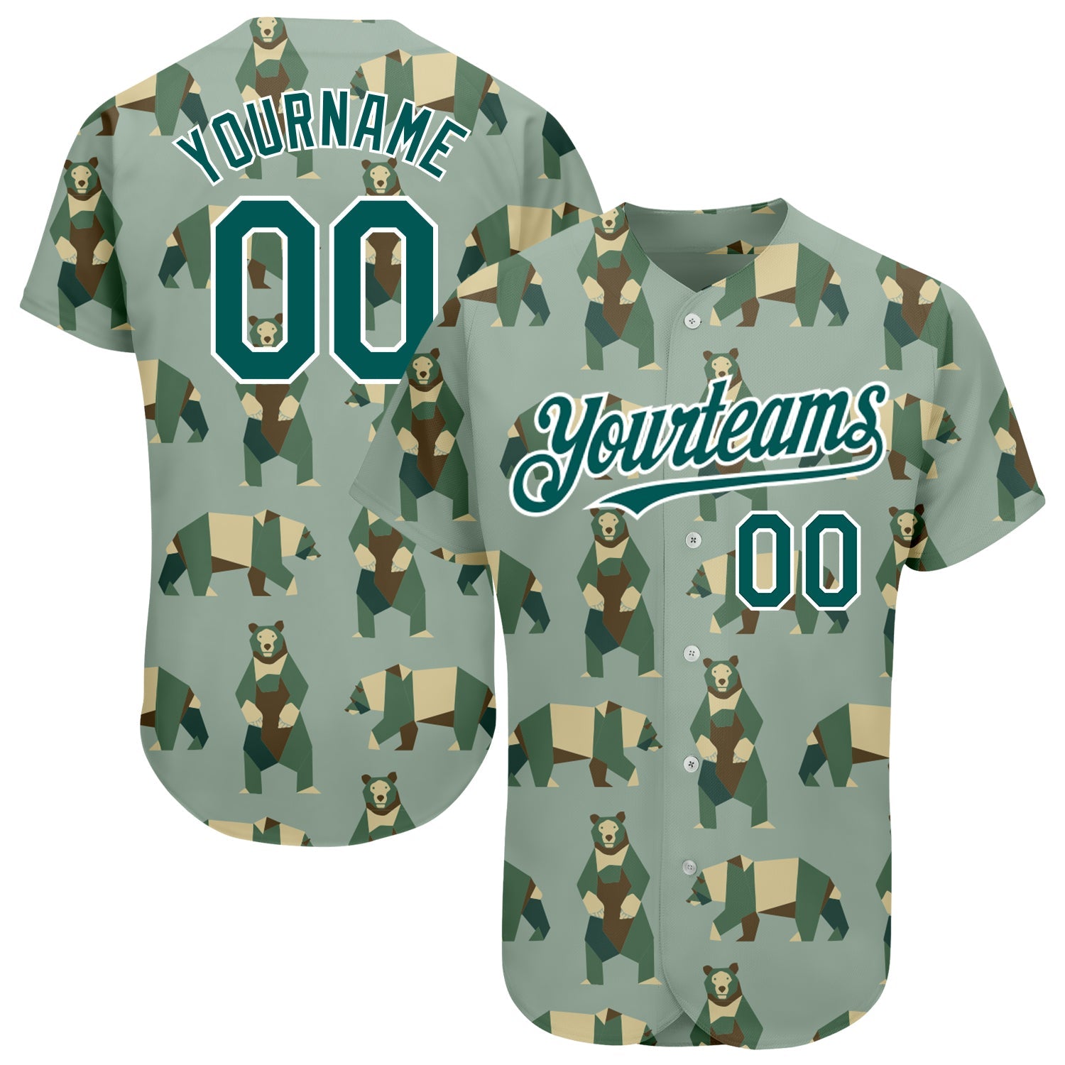 Custom Green Grass Green-White 3D Pattern Design Bear Authentic Baseball Jersey - Main View