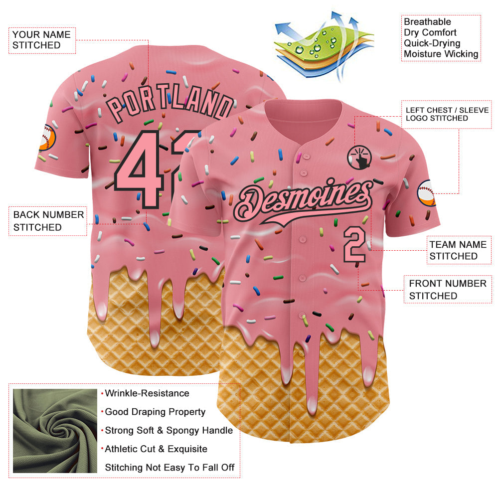 Custom Medium Pink-Black Ice Cream Waffle Foodie Dessert Authentic Baseball Jersey view 3