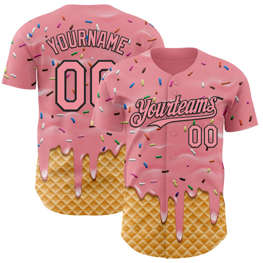 Custom Medium Pink-Black Ice Cream Waffle Foodie Dessert Authentic Baseball Jersey - Main View