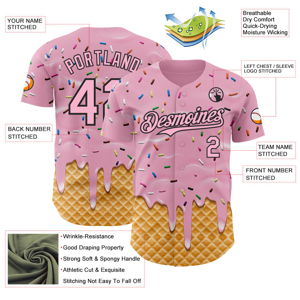Custom Light Pink-Black Ice Cream Waffle Foodie Dessert Authentic Baseball Jersey view 3