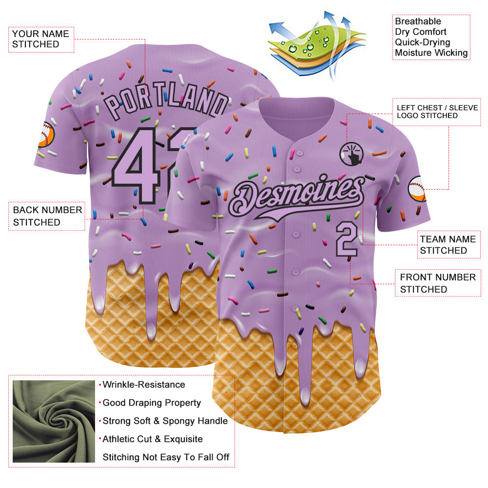 Custom Light Purple-Black Ice Cream Waffle Foodie Dessert Authentic Baseball Jersey view 3
