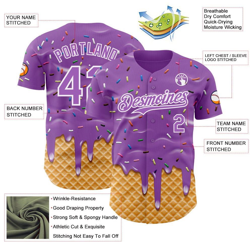 Custom Medium Purple-White Ice Cream Waffle Foodie Dessert Authentic Baseball Jersey view 3