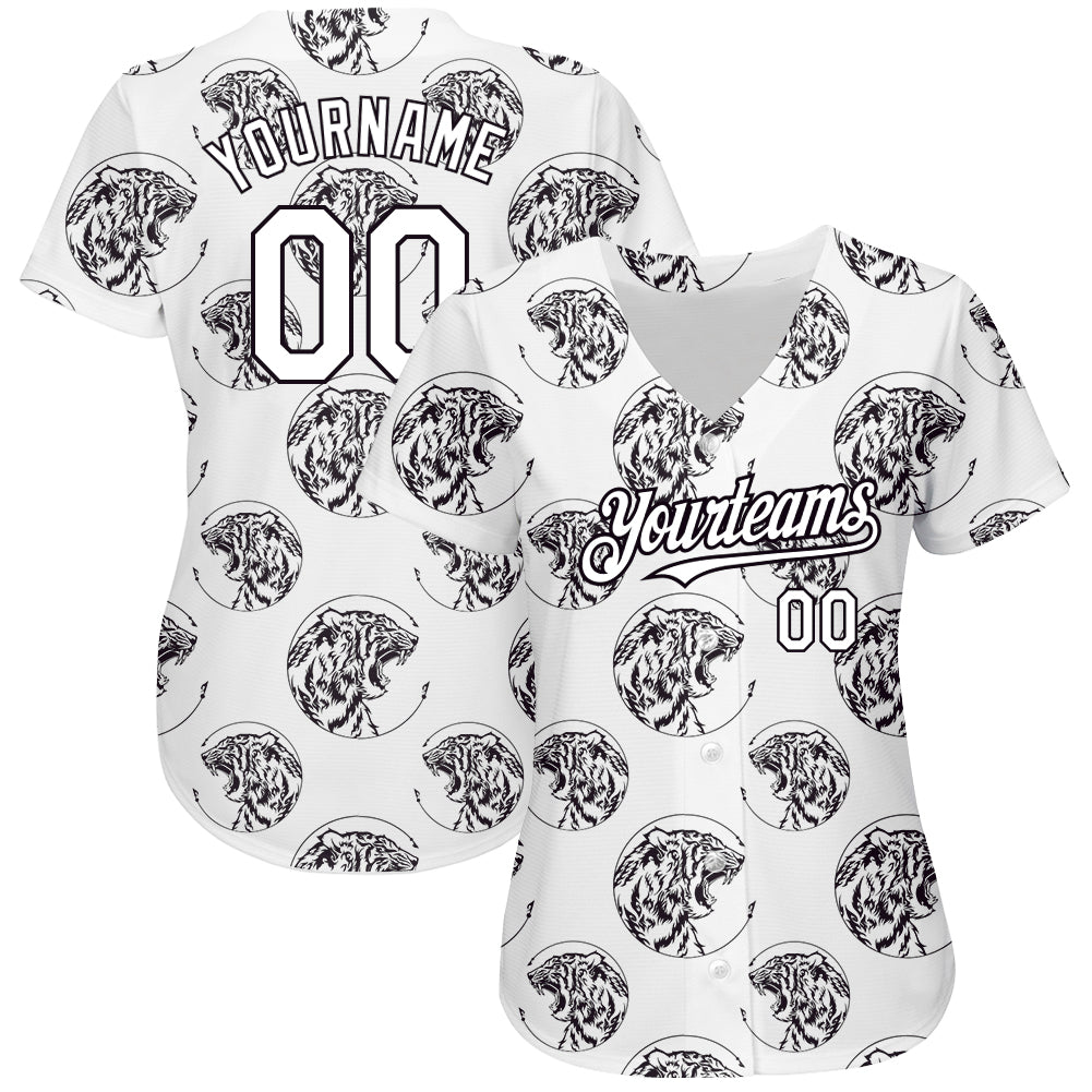 Custom White Black 3D Pattern Design Tiger Authentic Baseball Jersey view 2