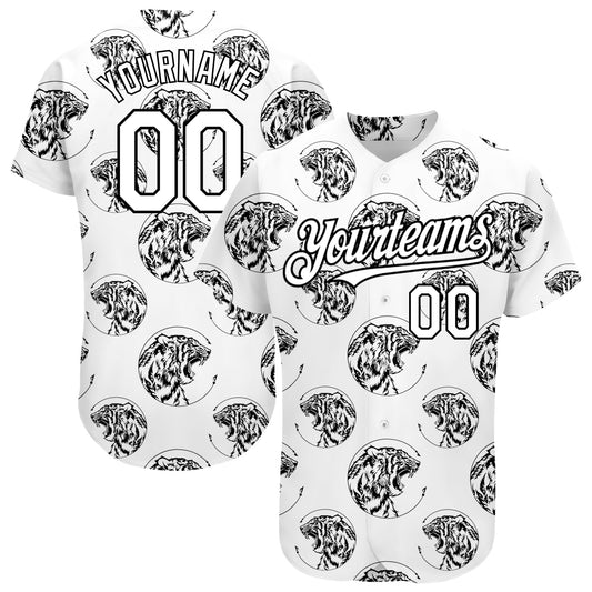Custom White Black 3D Pattern Design Tiger Authentic Baseball Jersey - Main View