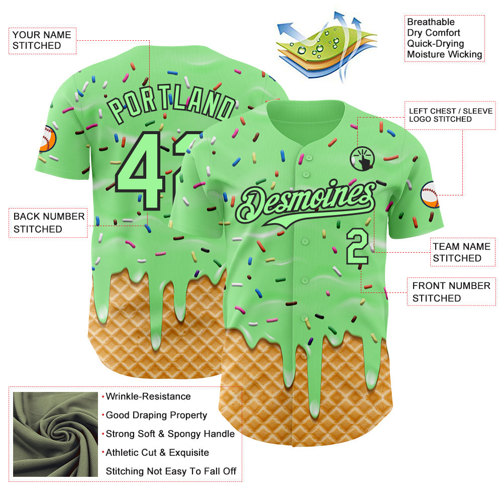 Custom Pea Green-Black Ice Cream Waffle Foodie Dessert Authentic Baseball Jersey view 3