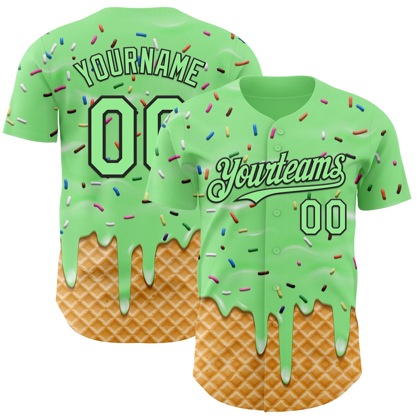 Custom Pea Green-Black Ice Cream Waffle Foodie Dessert Authentic Baseball Jersey - Main View