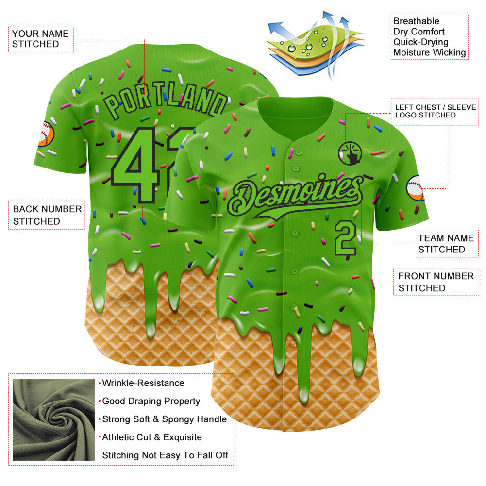 Custom Aurora Green-Black Ice Cream Waffle Foodie Dessert Authentic Baseball Jersey view 3
