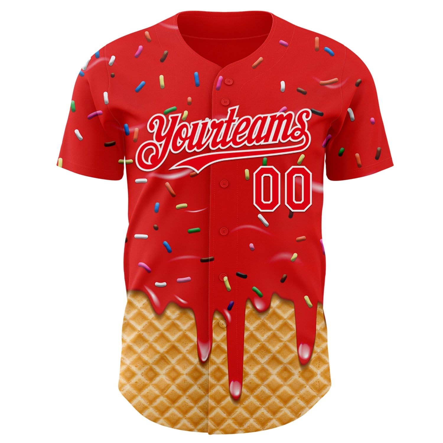 Custom Fire Red-White Ice Cream Waffle Foodie Dessert Authentic Baseball Jersey view 2