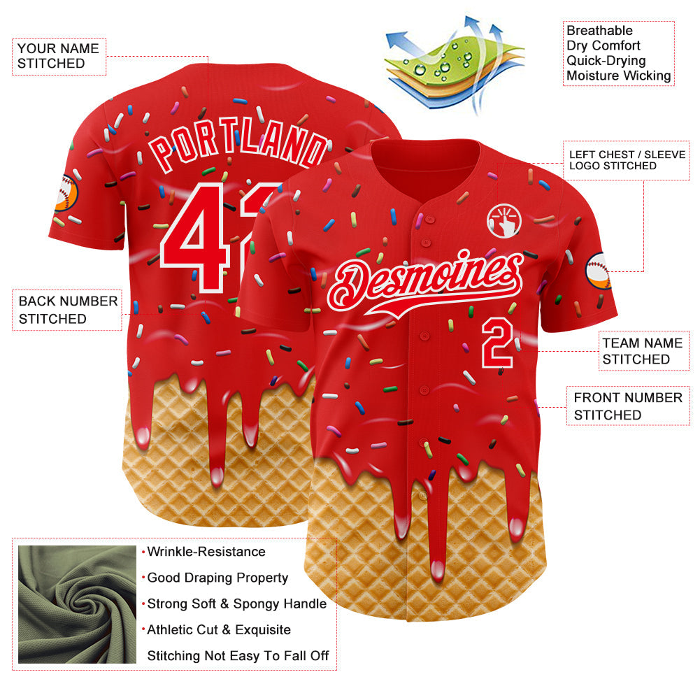 Custom Fire Red-White Ice Cream Waffle Foodie Dessert Authentic Baseball Jersey view 3