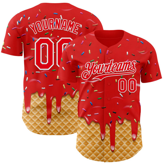 Custom Fire Red-White Ice Cream Waffle Foodie Dessert Authentic Baseball Jersey - Main View