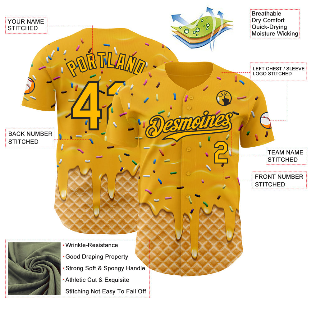 Custom Gold-Black Ice Cream Waffle Foodie Dessert Authentic Baseball Jersey view 3