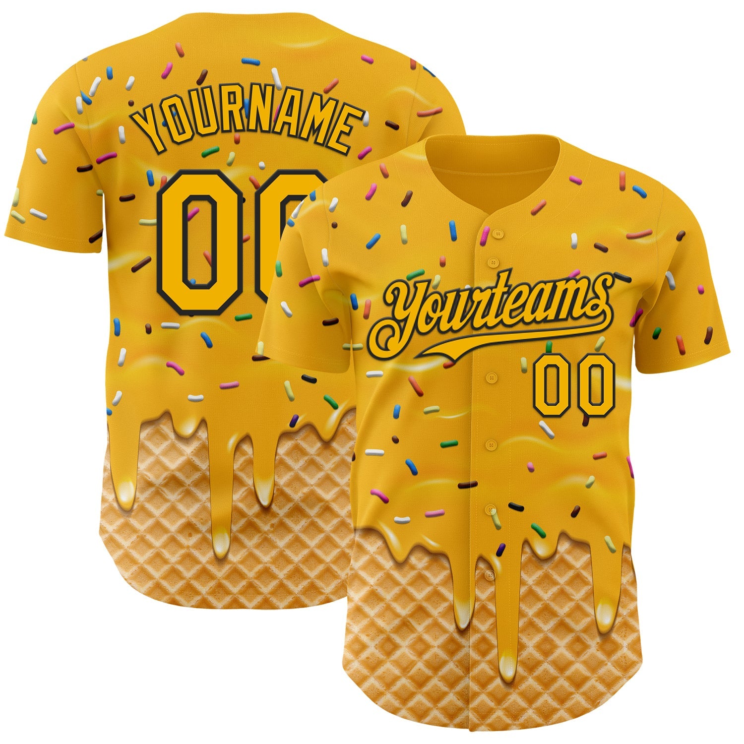 Custom Gold-Black Ice Cream Waffle Foodie Dessert Authentic Baseball Jersey - Main View