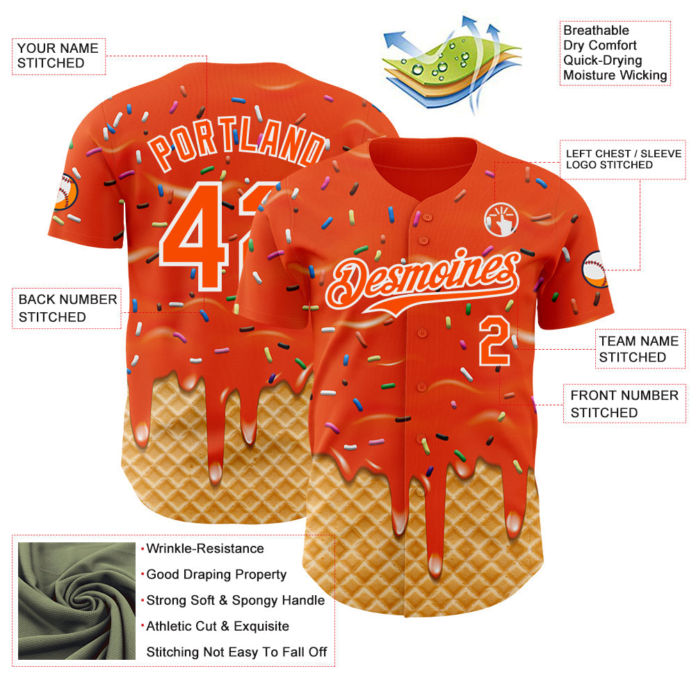 Custom Orange-White Ice Cream Waffle Foodie Dessert Authentic Baseball Jersey view 3