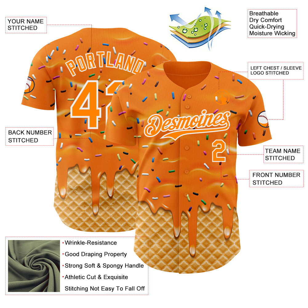 Custom Bay Orange-White Ice Cream Waffle Foodie Dessert Authentic Baseball Jersey view 3
