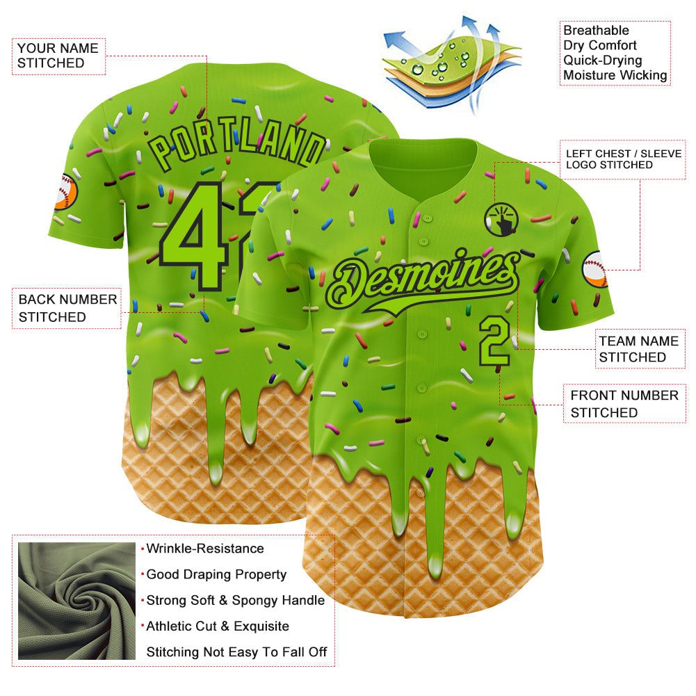 Custom Neon Green-Black Ice Cream Waffle Foodie Dessert Authentic Baseball Jersey view 3