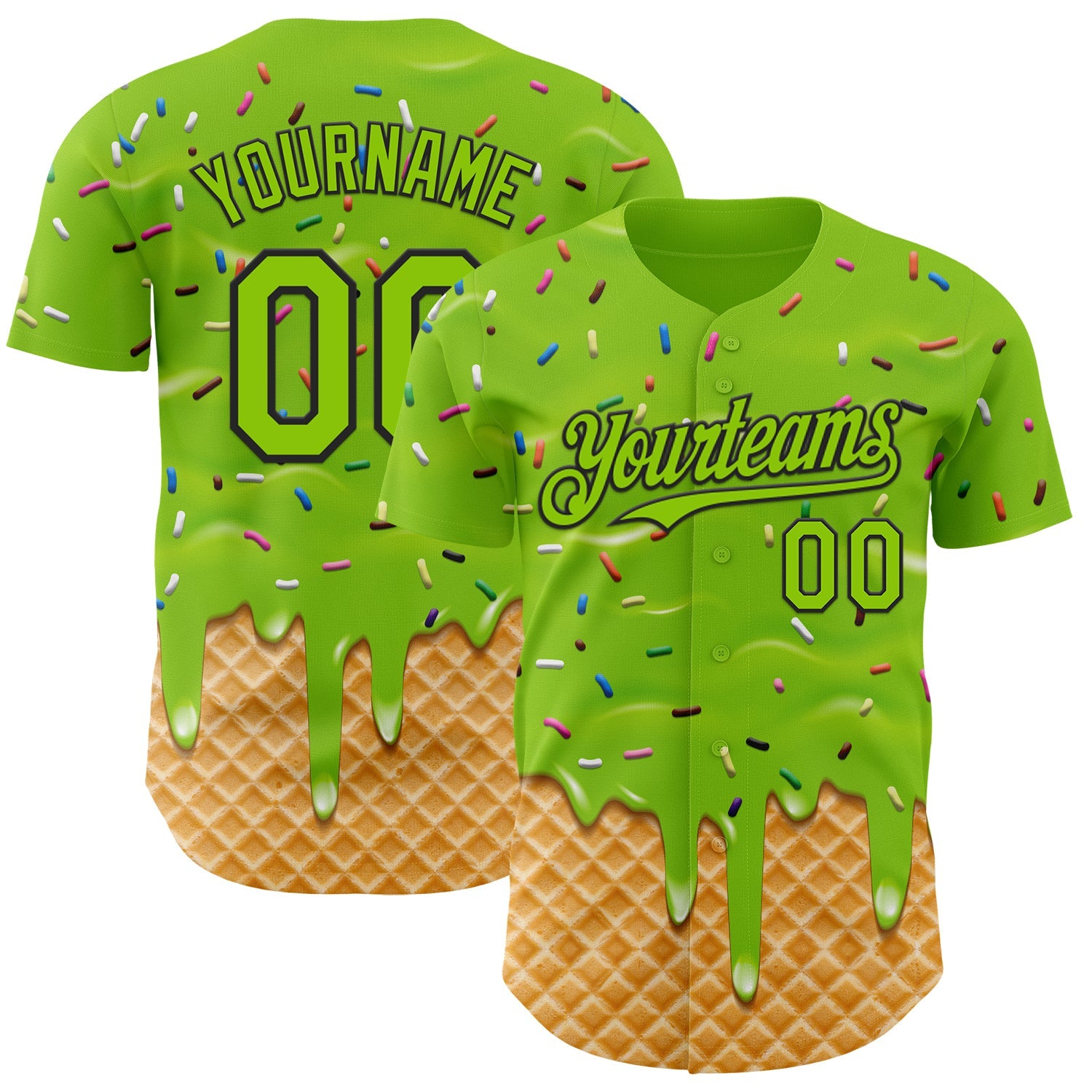Custom Neon Green-Black Ice Cream Waffle Foodie Dessert Authentic Baseball Jersey - Main View