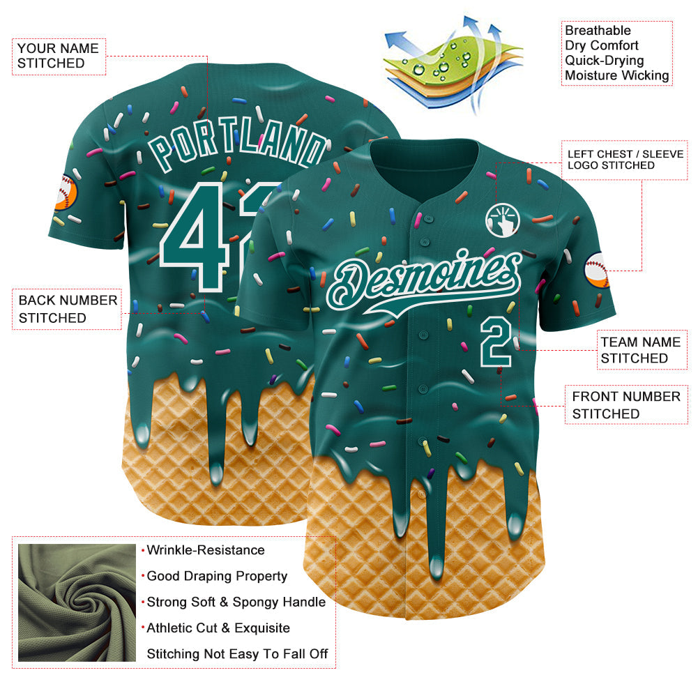 Custom Teal-White Ice Cream Waffle Foodie Dessert Authentic Baseball Jersey view 3