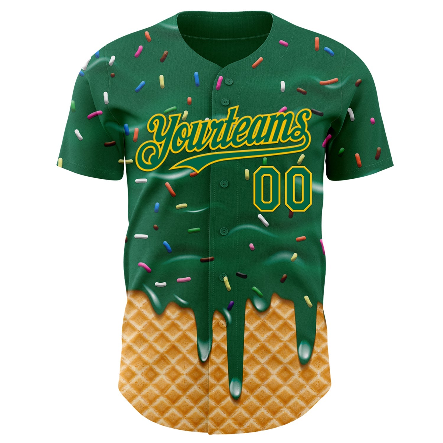 Custom Kelly Green-Yellow Ice Cream Waffle Foodie Dessert Authentic Baseball Jersey view 2