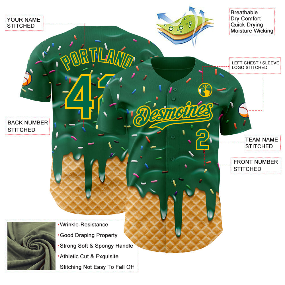 Custom Kelly Green-Yellow Ice Cream Waffle Foodie Dessert Authentic Baseball Jersey view 3