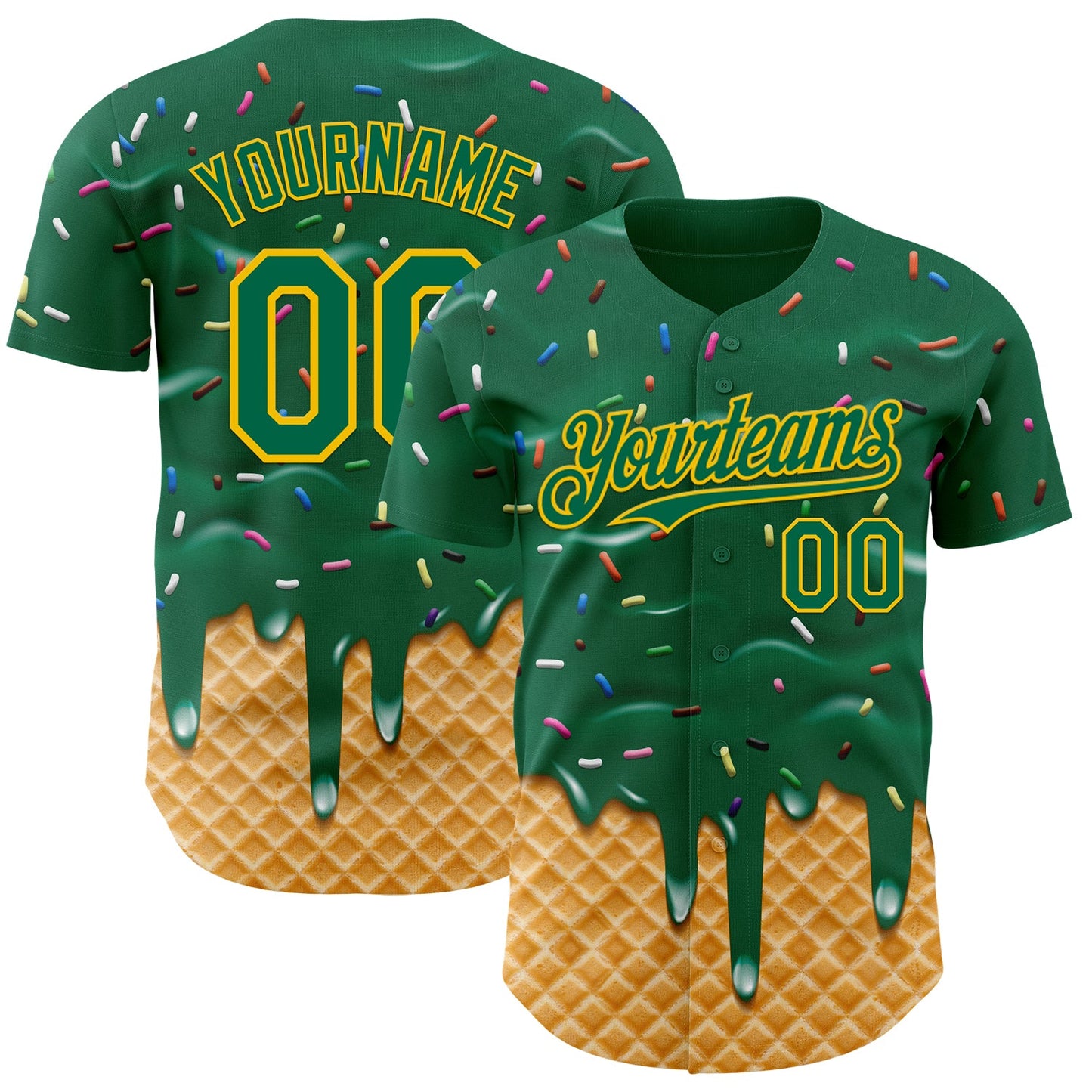 Custom Kelly Green-Yellow Ice Cream Waffle Foodie Dessert Authentic Baseball Jersey - Main View