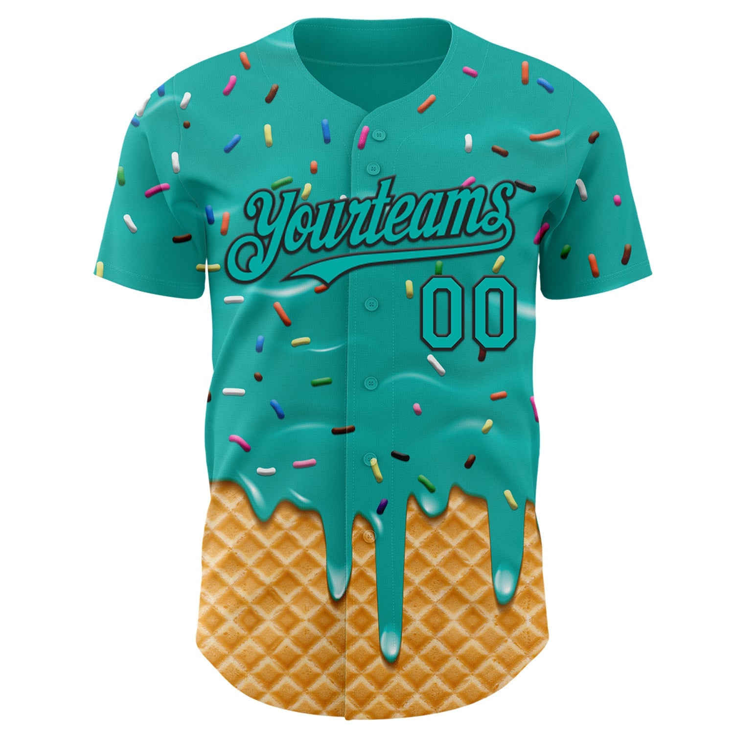 Custom Aqua-Black Ice Cream Waffle Foodie Dessert Authentic Baseball Jersey view 2