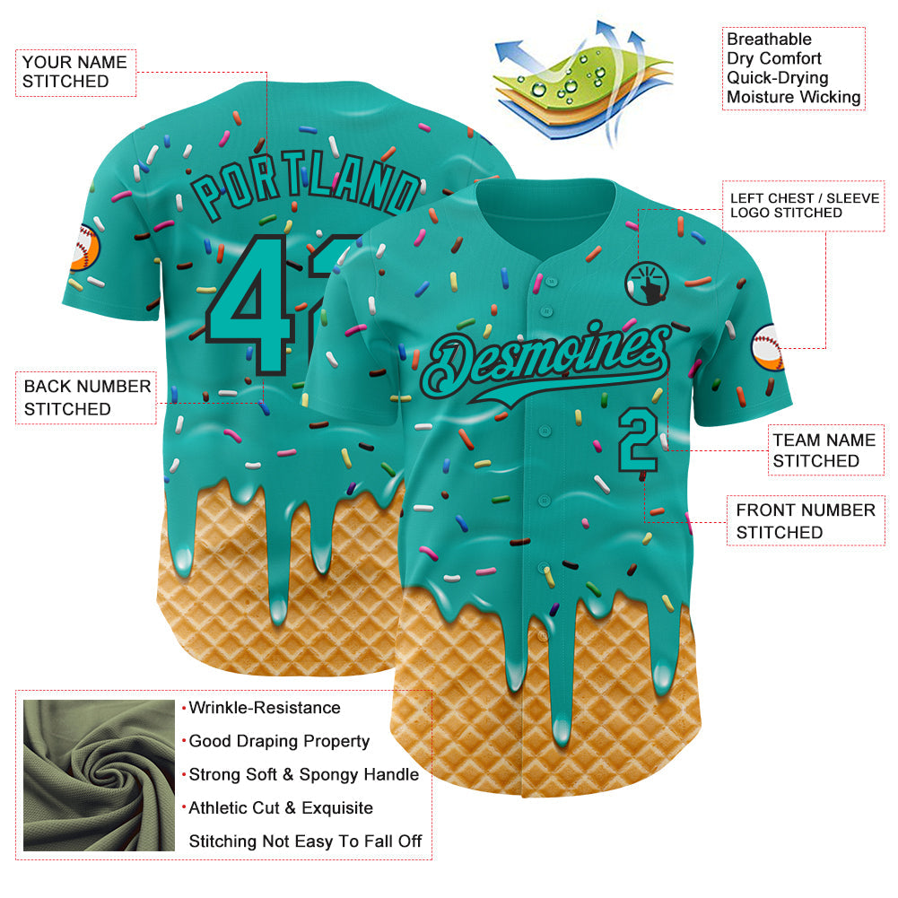Custom Aqua-Black Ice Cream Waffle Foodie Dessert Authentic Baseball Jersey view 3
