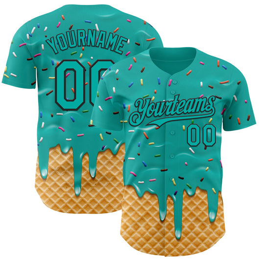 Custom Aqua-Black Ice Cream Waffle Foodie Dessert Authentic Baseball Jersey - Main View