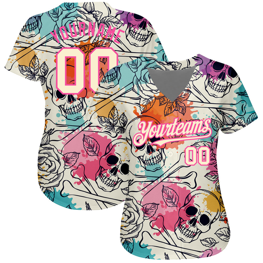 Custom Cream Pink-Black 3D Flower And Skull Fashion Authentic Baseball Jersey view 2