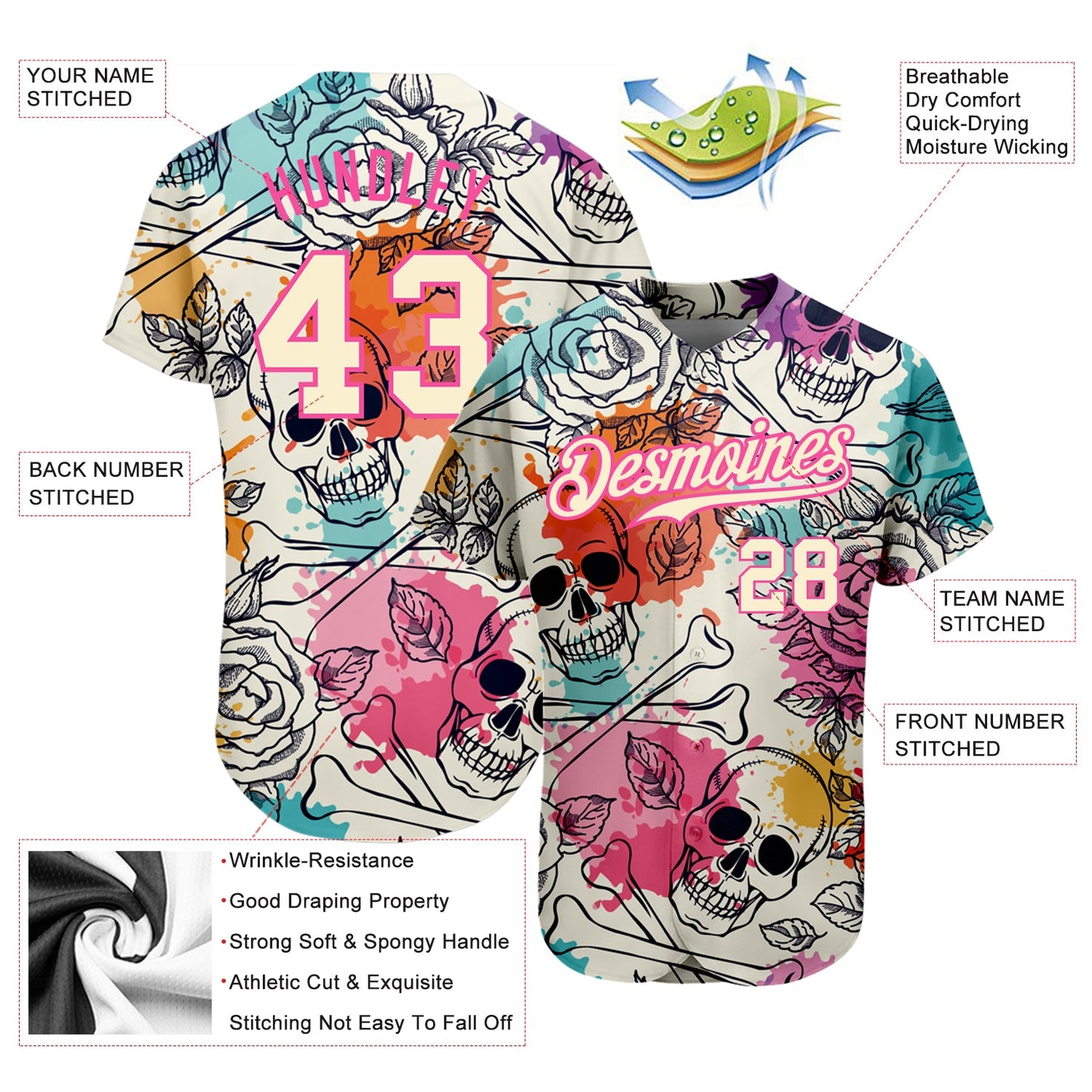Custom Cream Pink-Black 3D Flower And Skull Fashion Authentic Baseball Jersey view 3