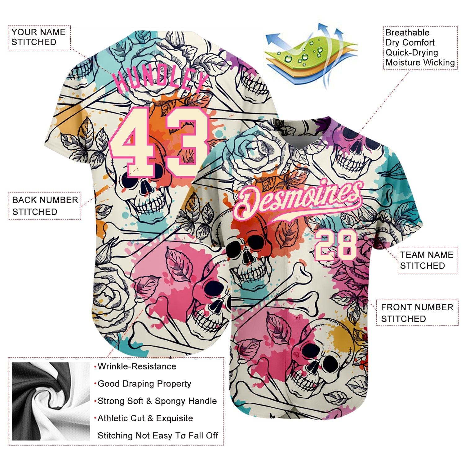 Custom Cream Pink-Black 3D Flower And Skull Fashion Authentic Baseball Jersey view 3