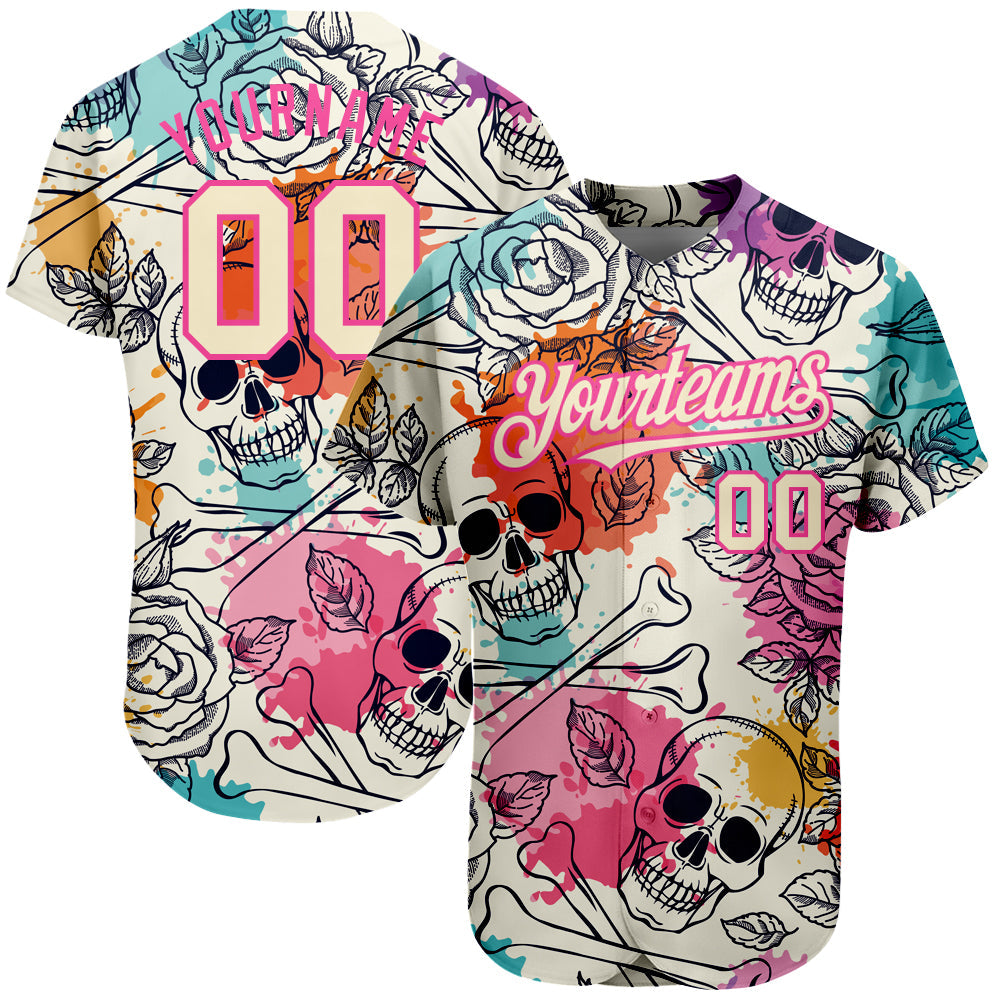 Custom Cream Pink-Black 3D Flower And Skull Fashion Authentic Baseball Jersey - Main View