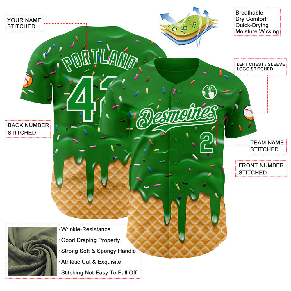 Custom Grass Green-White Ice Cream Waffle Foodie Dessert Authentic Baseball Jersey view 3