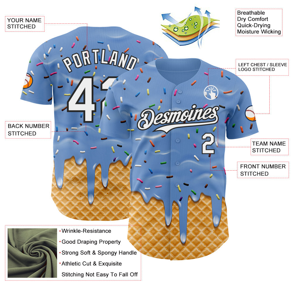 Custom Light Blue White-Black Ice Cream Waffle Foodie Dessert Authentic Baseball Jersey view 3