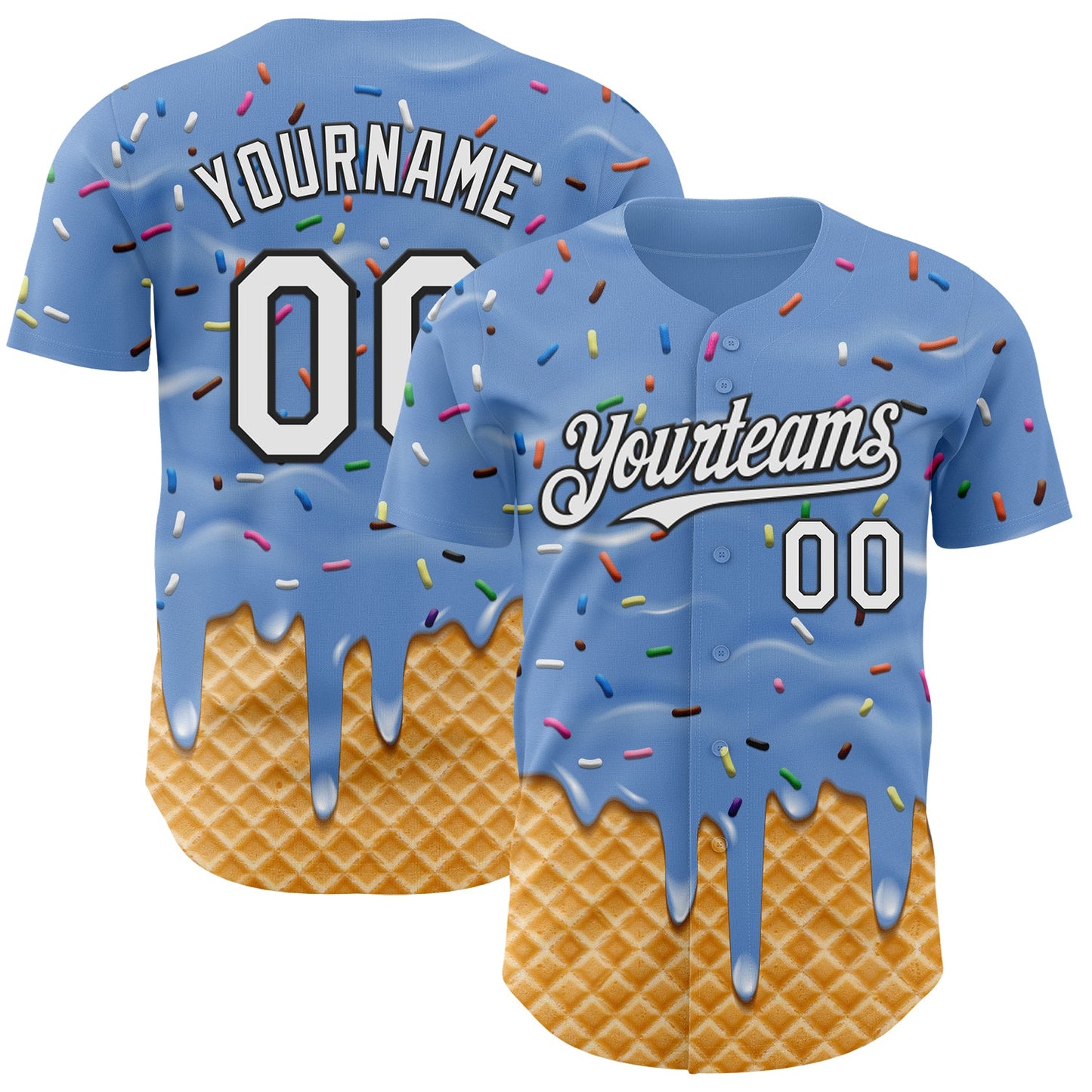 Custom Light Blue White-Black Ice Cream Waffle Foodie Dessert Authentic Baseball Jersey - Main View