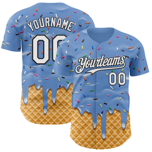 Custom Light Blue White-Black Ice Cream Waffle Foodie Dessert Authentic Baseball Jersey - Main View