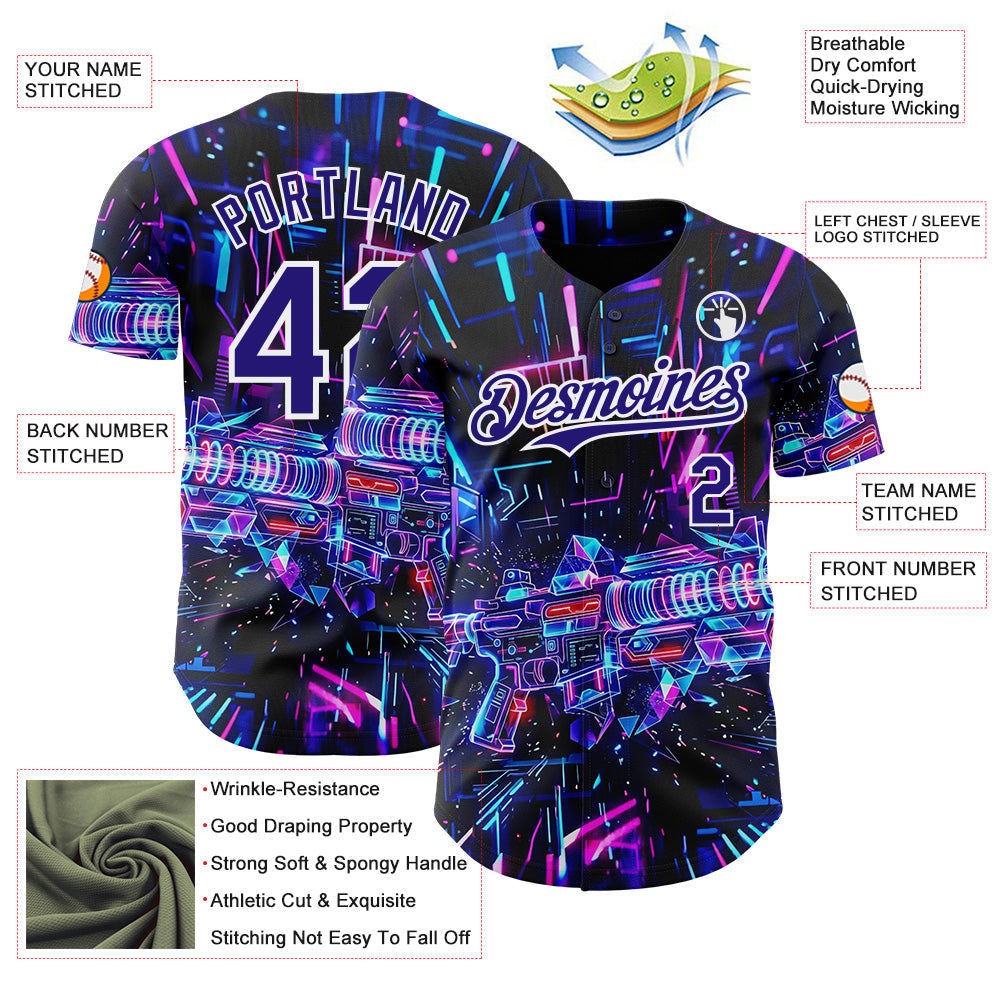 Custom Black Dark Purple-White Futurism Cyberpunk E-sports 3D Pattern Design Authentic Baseball Jersey view 3