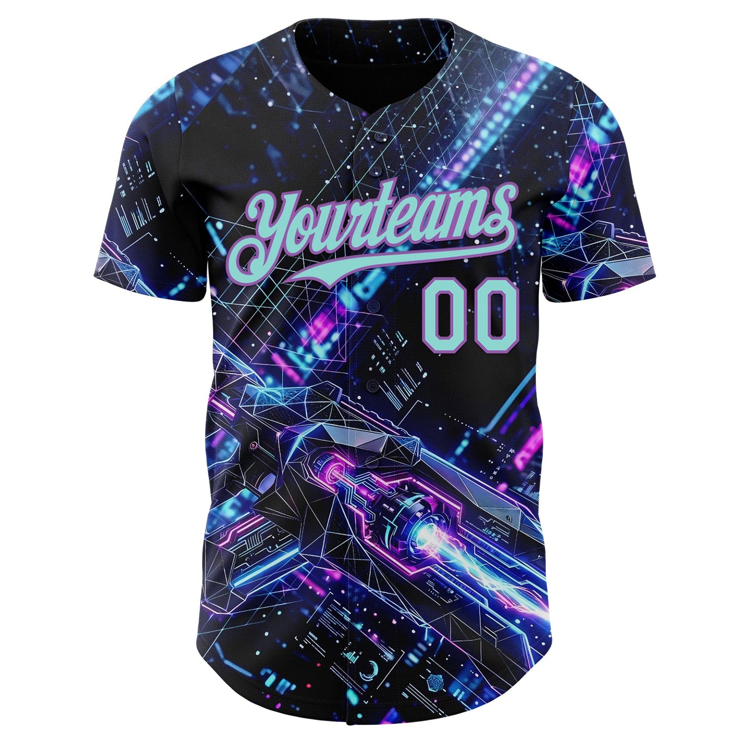 Custom Black Ice Blue-Medium Purple Futurism Cyberpunk E-sports 3D Pattern Design Authentic Baseball Jersey view 2