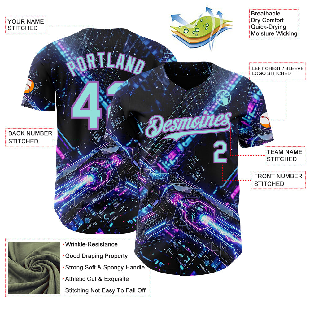 Custom Black Ice Blue-Medium Purple Futurism Cyberpunk E-sports 3D Pattern Design Authentic Baseball Jersey view 3