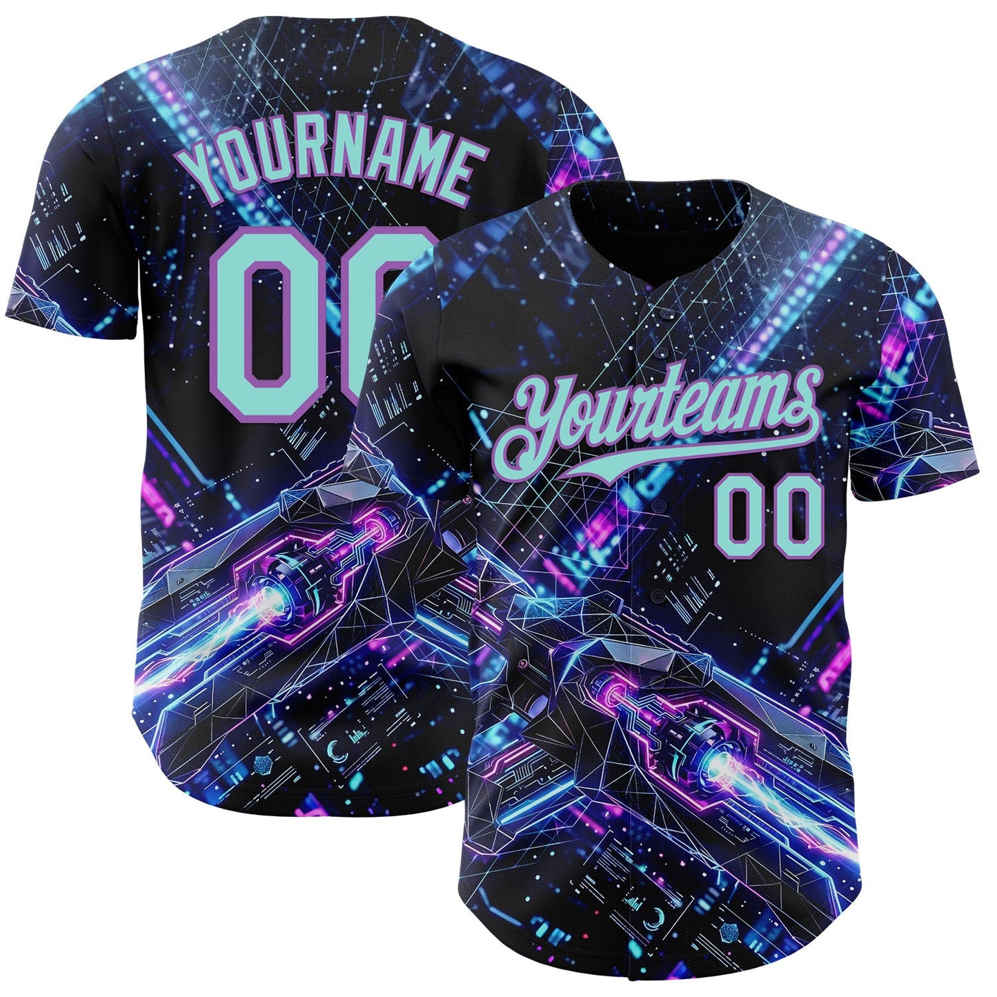 Custom Black Ice Blue-Medium Purple Futurism Cyberpunk E-sports 3D Pattern Design Authentic Baseball Jersey - Main View