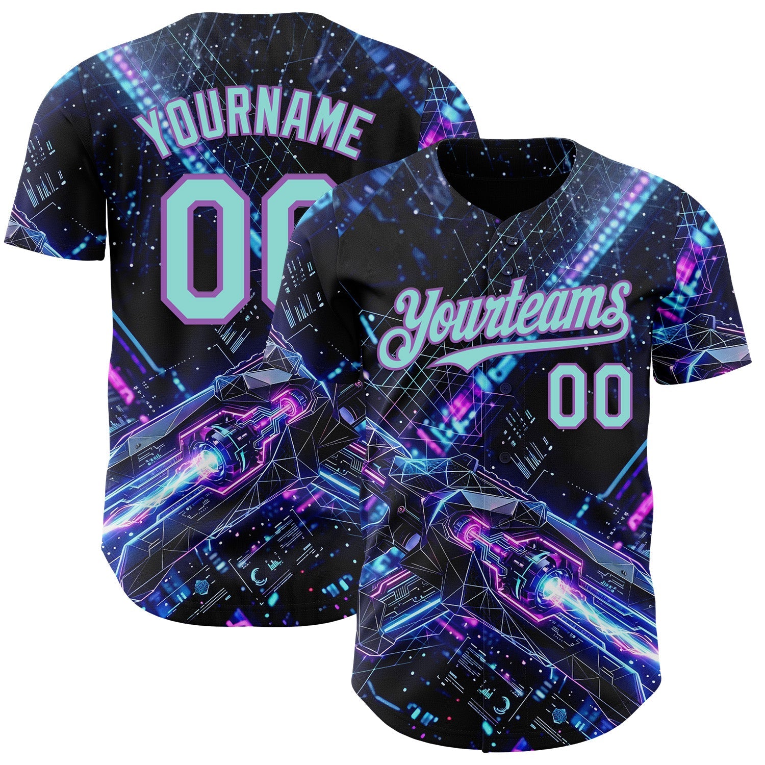 Custom Black Ice Blue-Medium Purple Futurism Cyberpunk E-sports 3D Pattern Design Authentic Baseball Jersey - Main View