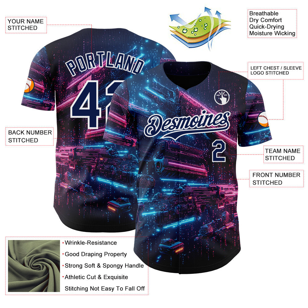 Custom Navy-White Futurism Cyberpunk E-sports 3D Pattern Design Authentic Baseball Jersey view 3