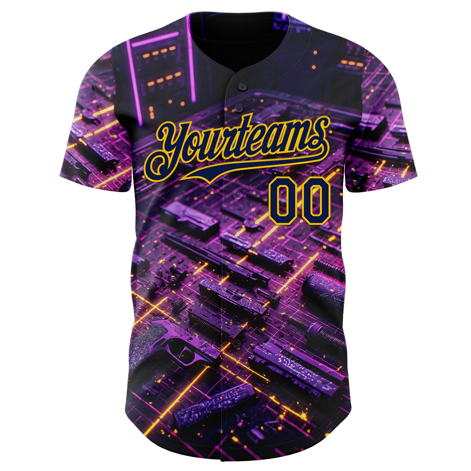 Custom Black Navy-Yellow Futurism Cyberpunk E-sports 3D Pattern Design Authentic Baseball Jersey view 2
