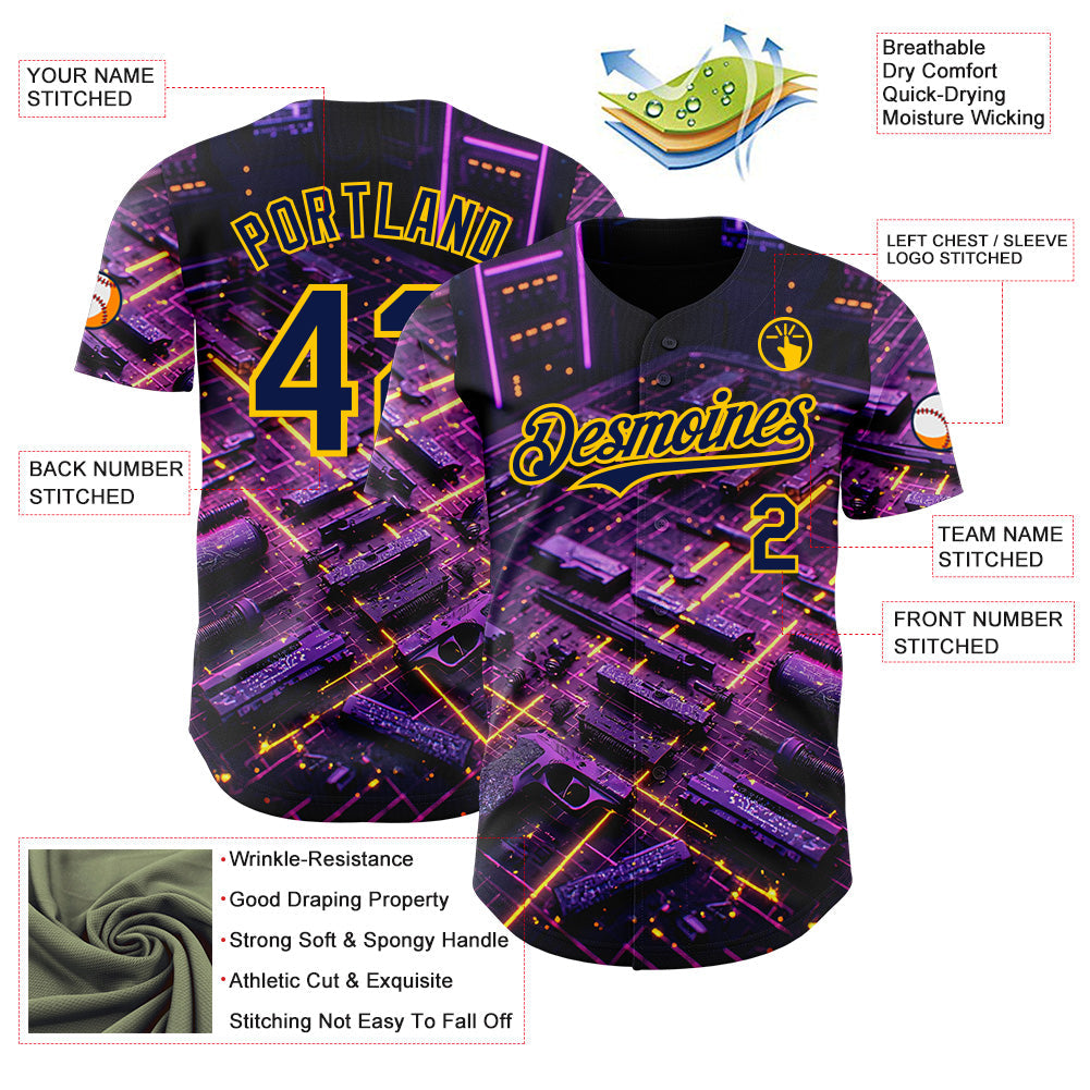 Custom Black Navy-Yellow Futurism Cyberpunk E-sports 3D Pattern Design Authentic Baseball Jersey view 3