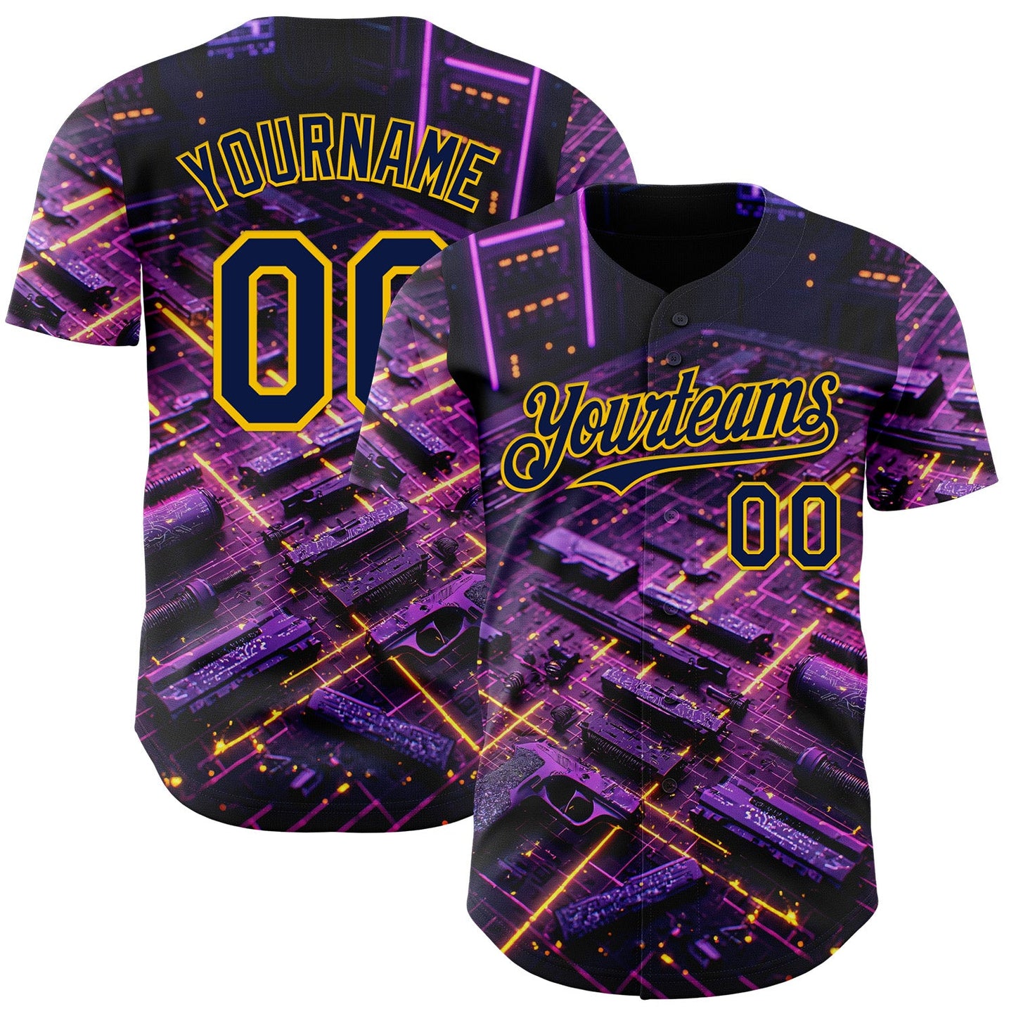 Custom Black Navy-Yellow Futurism Cyberpunk E-sports 3D Pattern Design Authentic Baseball Jersey - Main View