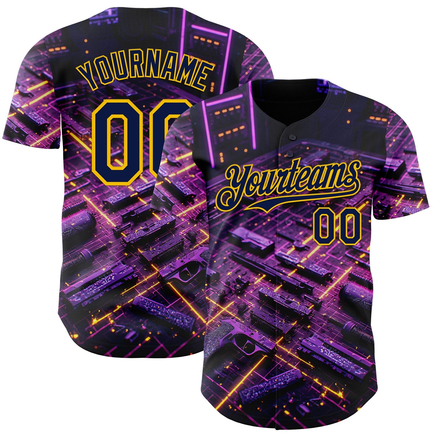 Custom Black Navy-Yellow Futurism Cyberpunk E-sports 3D Pattern Design Authentic Baseball Jersey - Main View